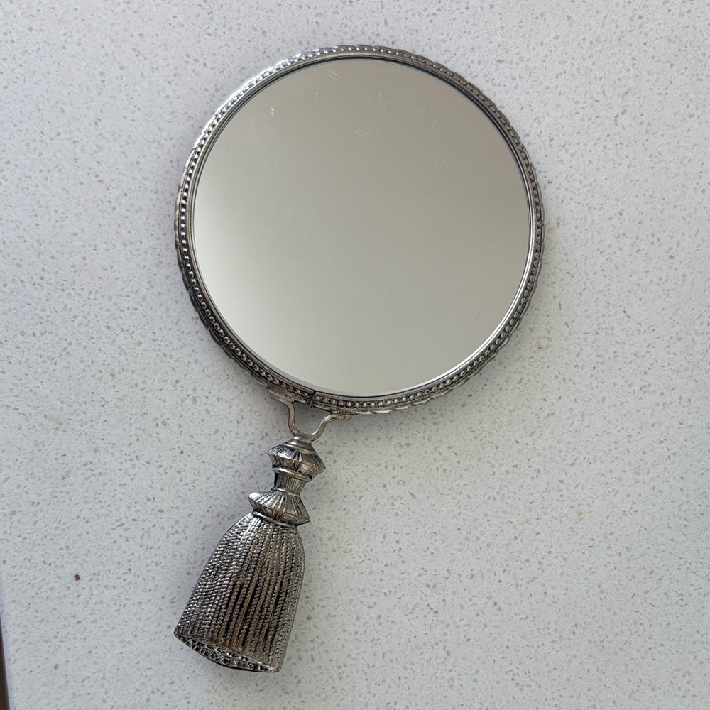 Ornate Round Hand Mirror with Tassel Handle - Silver Tone